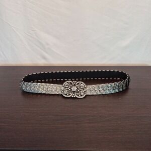 Vintage Retro Elasticized Belt Covered W/Metallic Silver With Jeweled Buckle